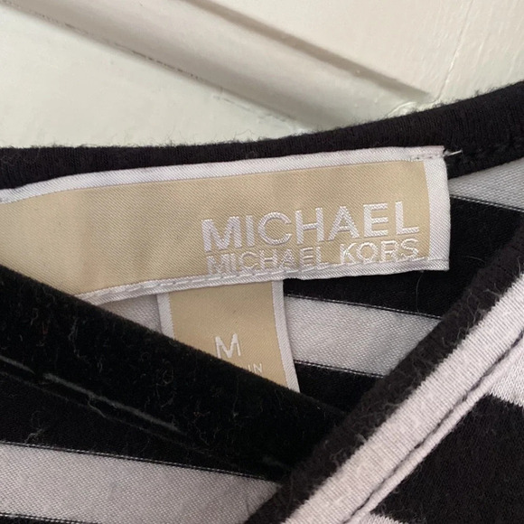 MICHAEL by Michael Kors Three Quarter Sleeve Zipper Back Striped Black White Top - Picture 3 of 5